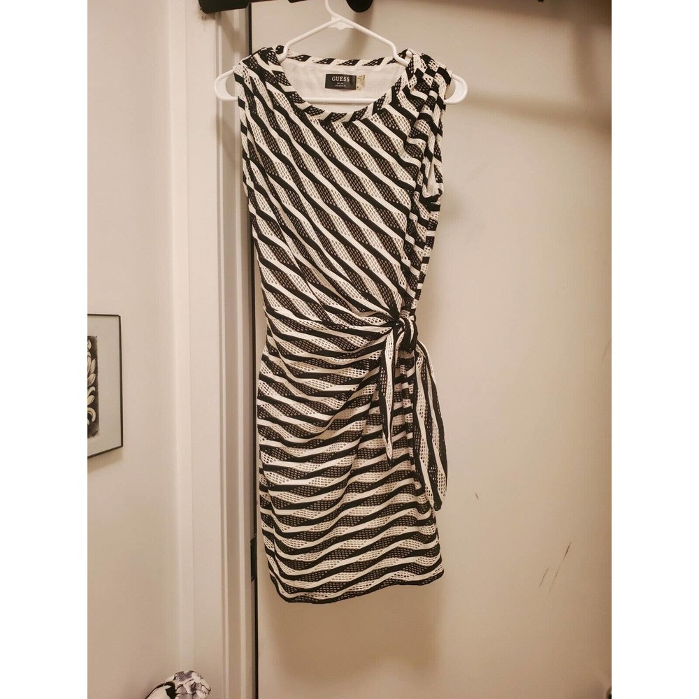 Guess Dress Size 6 Sleeveless Black White Stripe Side Ruching And Tie- so cute!